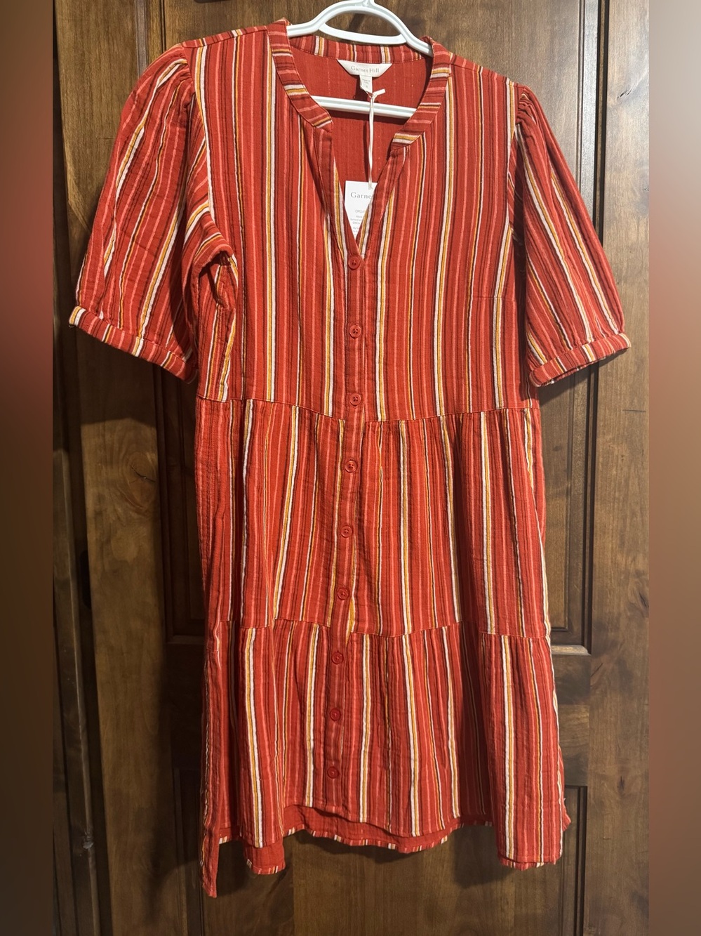 NWT Garnet Hill Red and Yellow Striped Tiered Button Dress Size Small